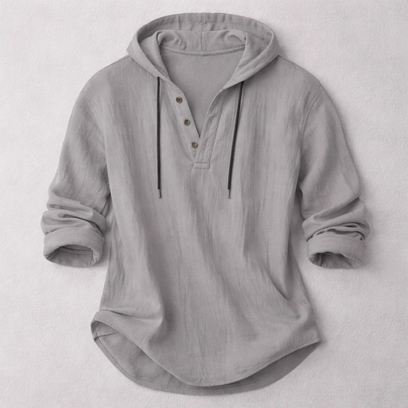 Long-sleeve hooded shirt with button placket and curved hem