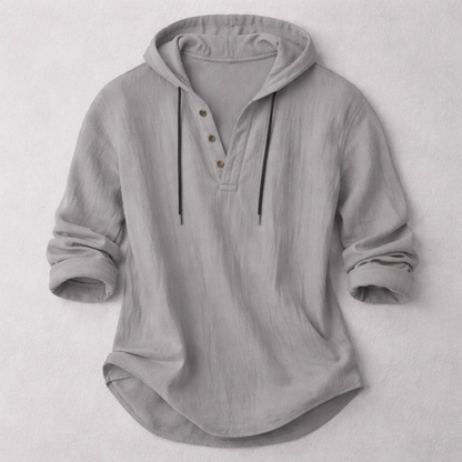 Long-sleeve hooded shirt with button placket and curved hem