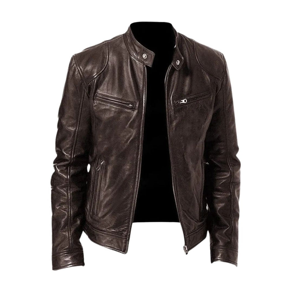 Men's zip front jacket with stand collar and multiple zipped pockets