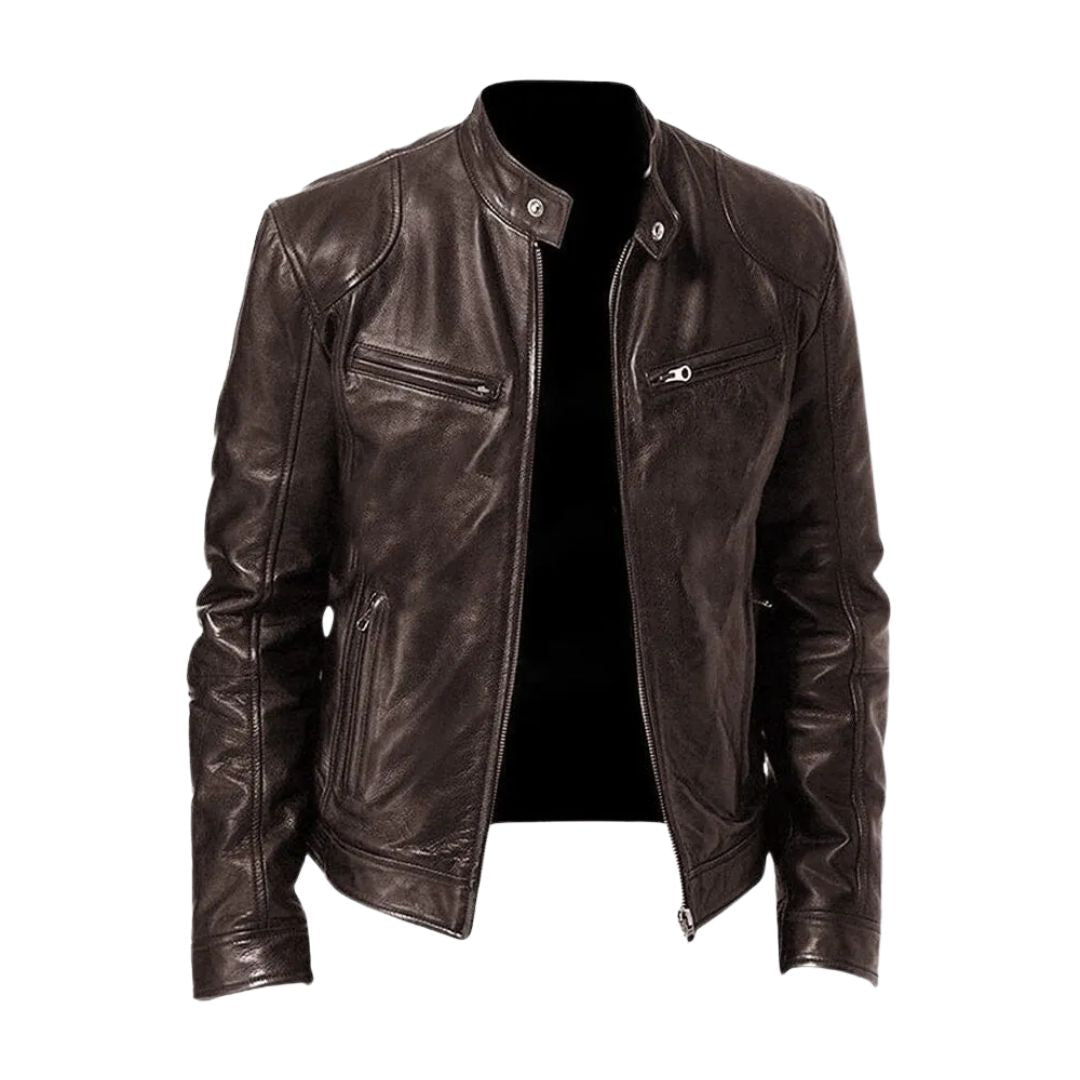 Men's zip front jacket with stand collar and multiple zipped pockets