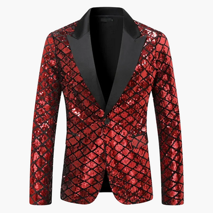Men's geometric diamond sequin blazer with peaked lapels and long sleeves