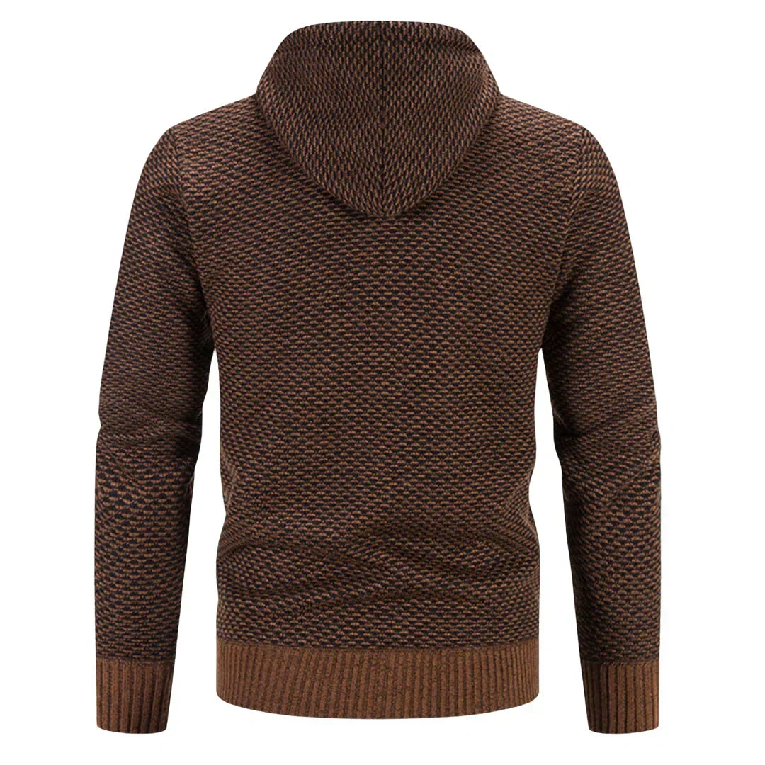 Men's textured knit hooded cardigan with full-zip front and front pockets