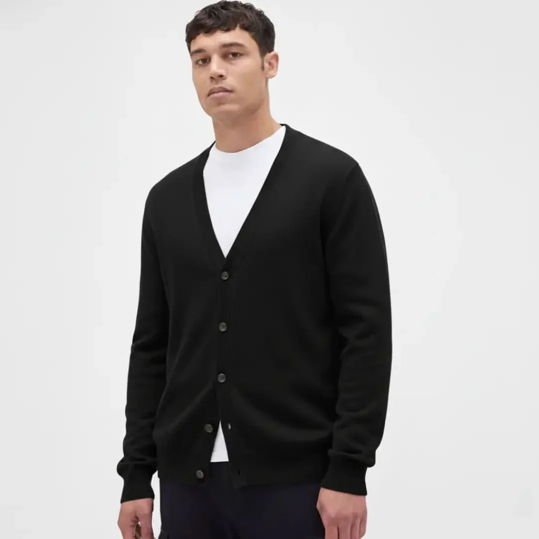Men's V-neck button-front knit cardigan with long sleeves and ribbed trims