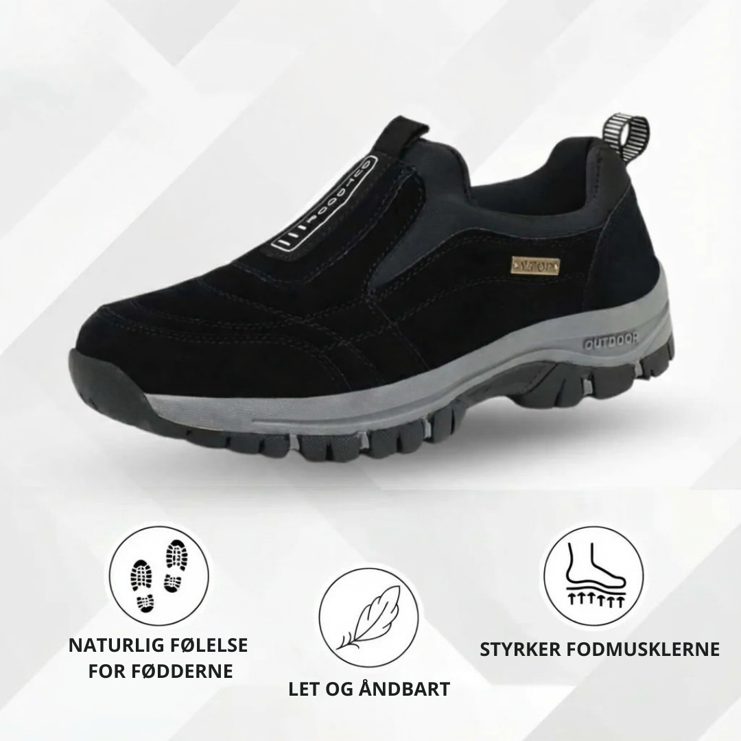 Unisex slip-on outdoor shoes with stitched panels, pull tab and chunky treaded sole