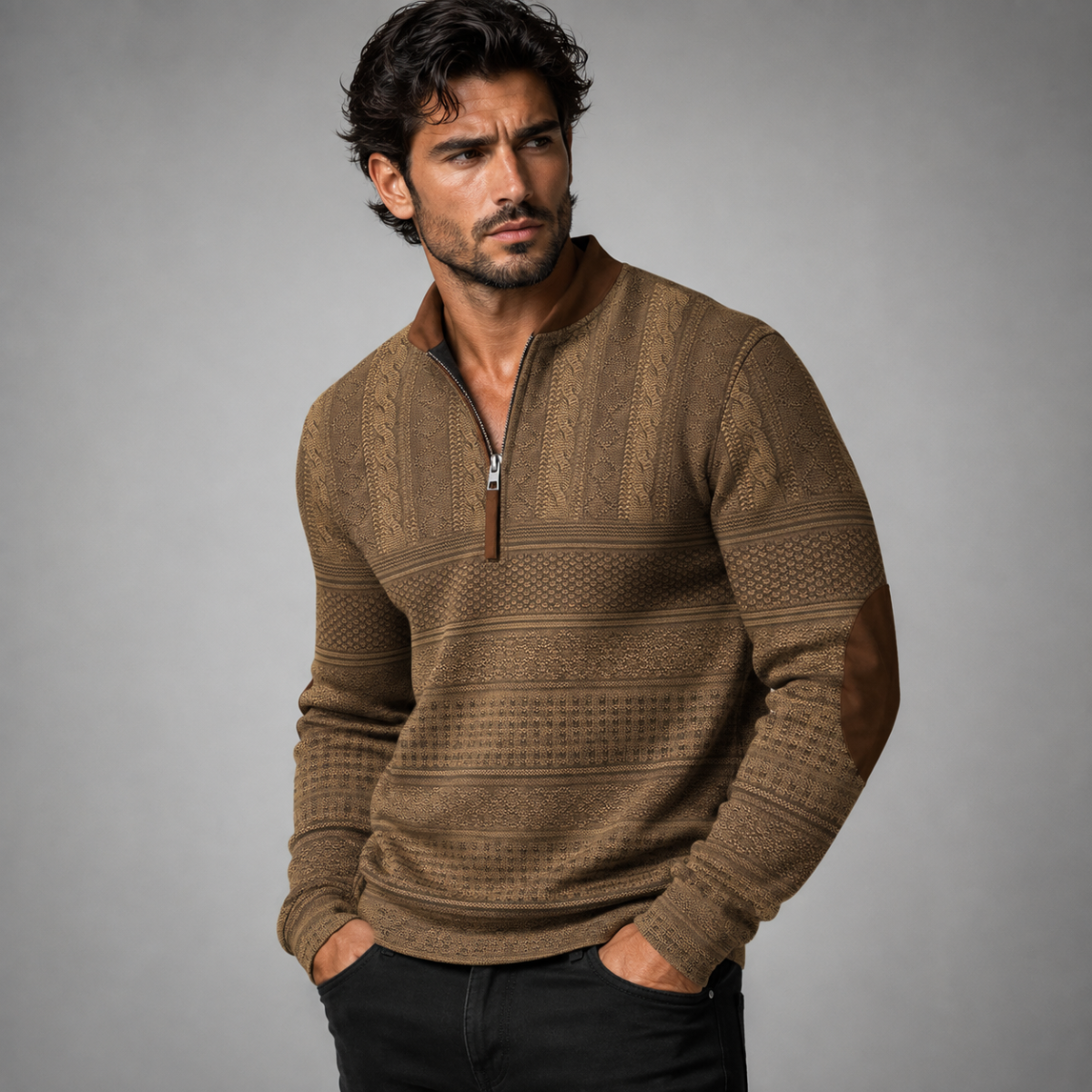 Men's textured half-zip sweater with mock neck and contrasting elbow patches