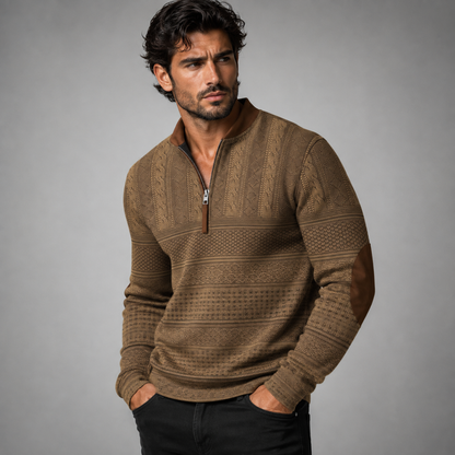 Men's textured half-zip sweater with mock neck and contrasting elbow patches