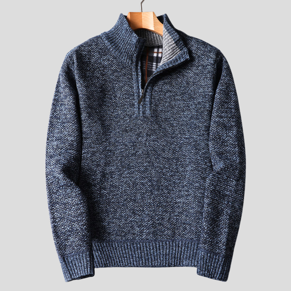Men's textured quarter zip jumper with mock neck and ribbed trims