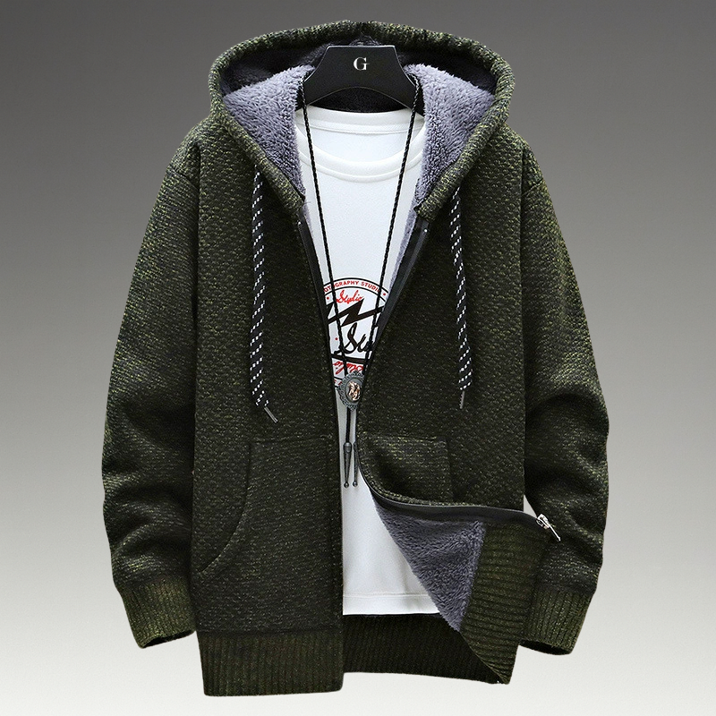 Textured knitted zip hoodie with drawstring hood, long sleeves and front pockets