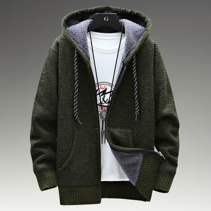 Textured knitted zip hoodie with drawstring hood, long sleeves and front pockets