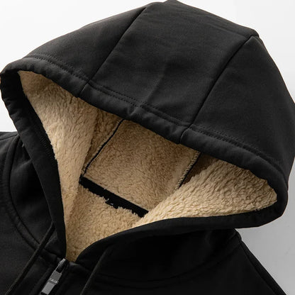 Black hooded tracksuit set with zip jacket and jogger trousers