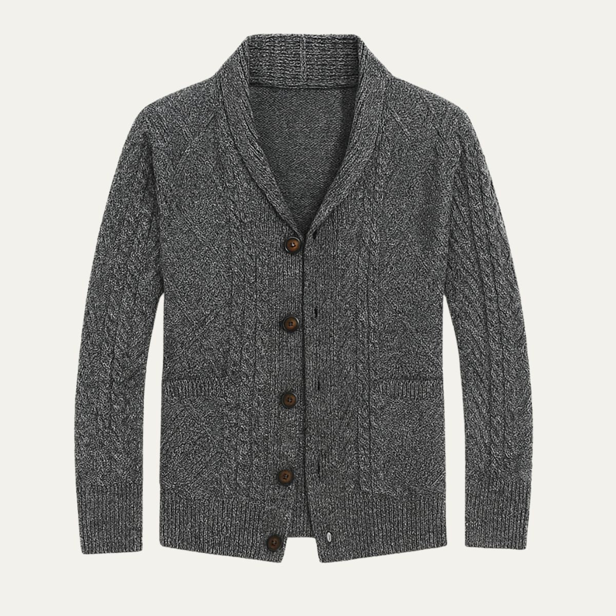 Men's textured shawl collar cardigan with button front and patch pockets