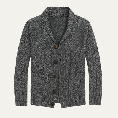 Men's textured shawl collar cardigan with button front and patch pockets