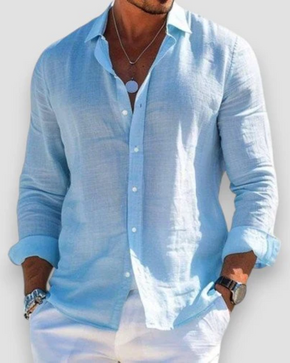 Men's long-sleeve button shirt with open collar and rolled cuffs