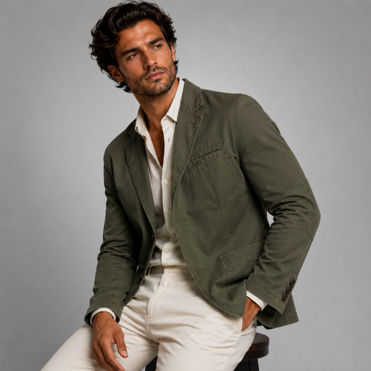 Men's lightweight blazer jacket with notched lapels, long sleeves and front pockets