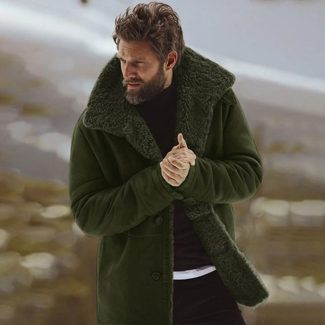 Men's shearling-style overcoat with wide collar, button front and angled pockets