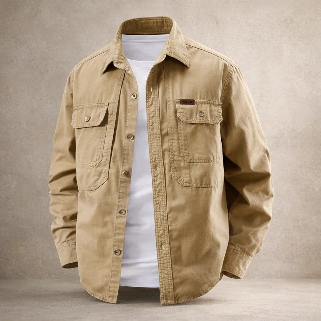 Men's long-sleeve utility overshirt jacket with pointed collar, button front and four pockets