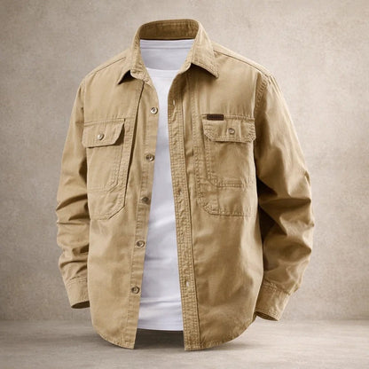 Men's long-sleeve utility overshirt jacket with pointed collar, button front and four pockets