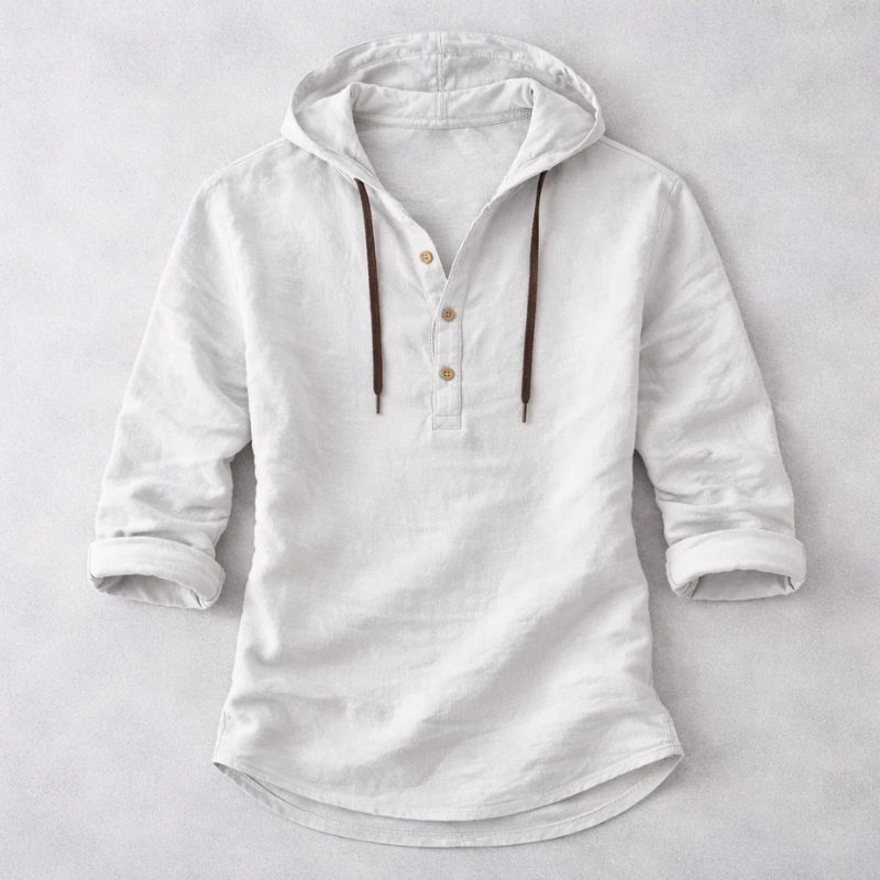 Long-sleeve hooded Henley shirt with button placket and curved hem