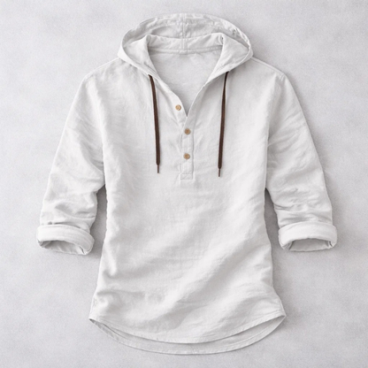 Long-sleeve hooded Henley shirt with button placket and curved hem