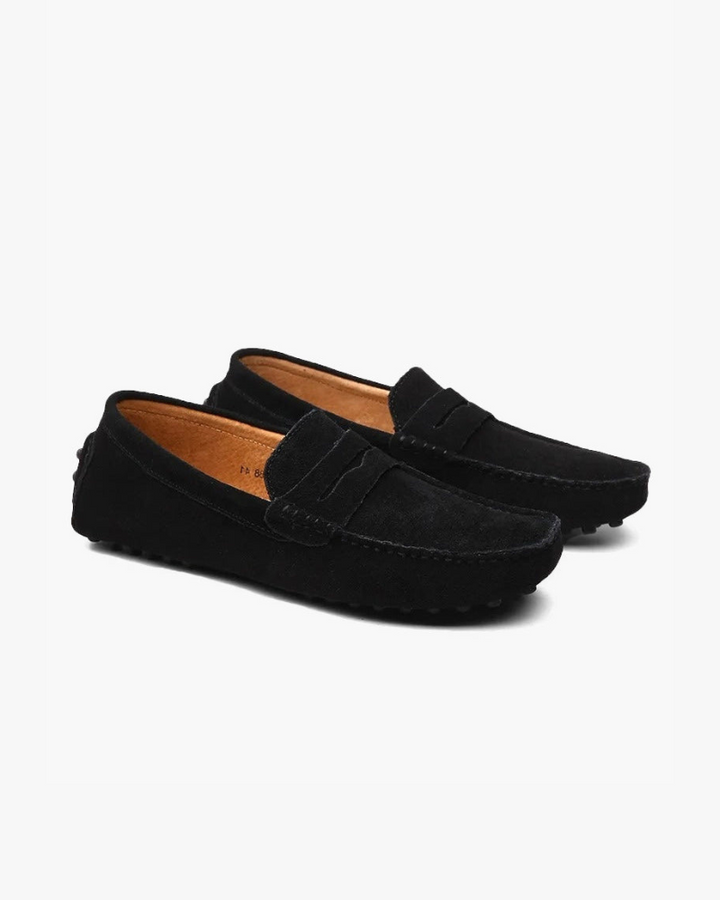 Men's suede driver loafers with moc toe and vamp strap