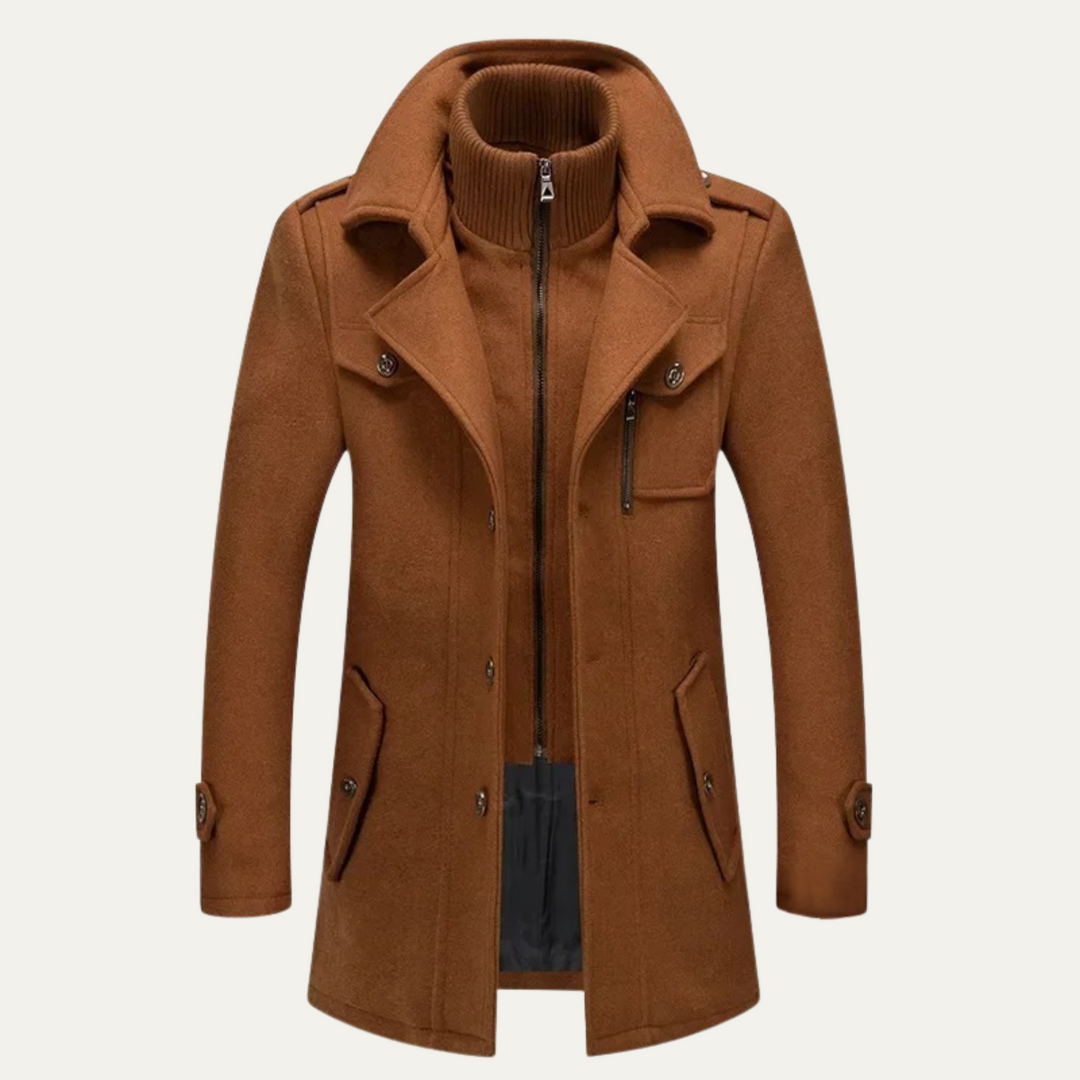 Men's long structured coat with stand collar, zip front, buttons and flap pockets