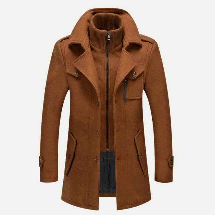 Men's long structured coat with stand collar, zip front, buttons and flap pockets