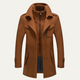 Men's long structured coat with stand collar, zip front, buttons and flap pockets