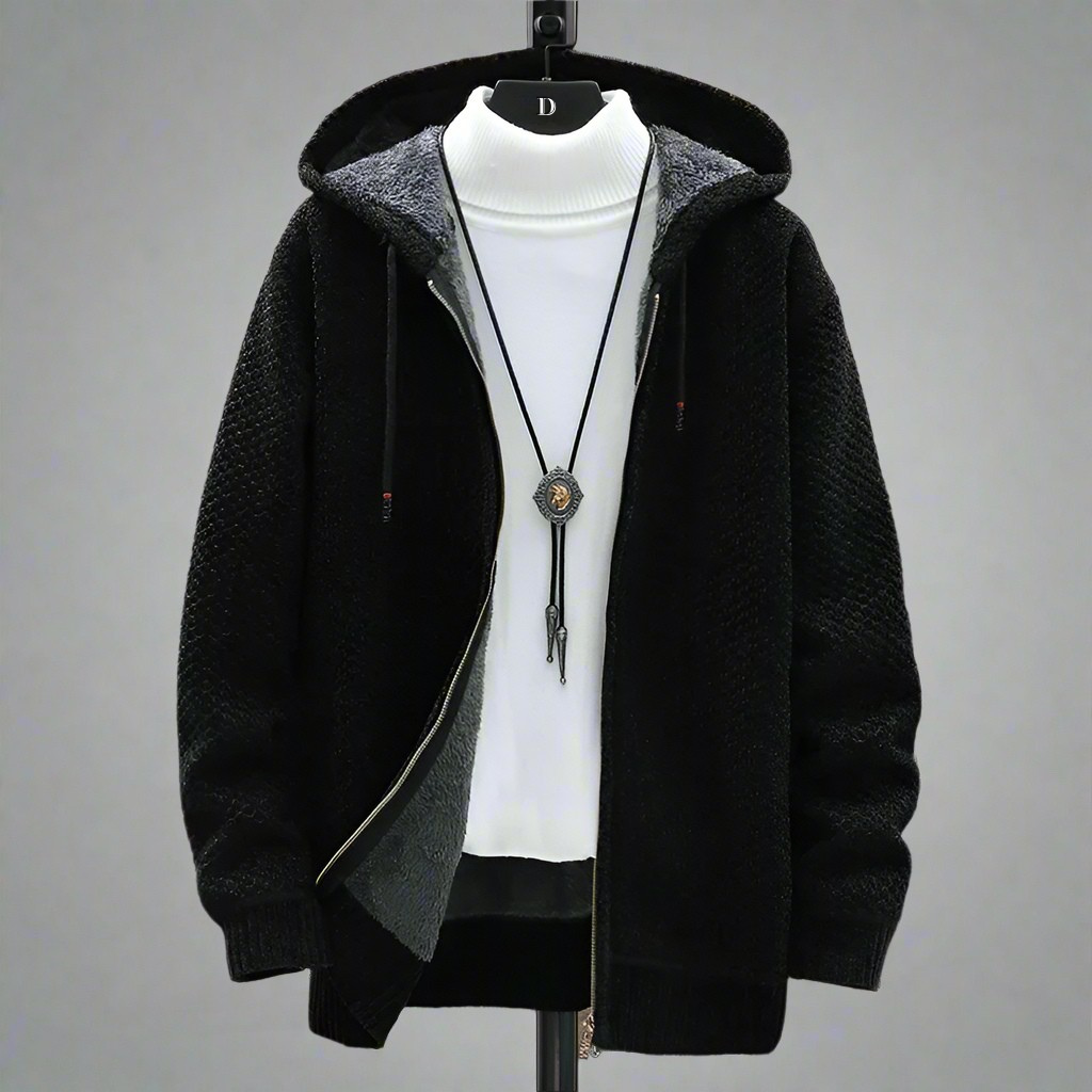 Textured knitted hooded jumper with zip front, drawstrings, long sleeves and front pockets