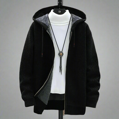 Textured knitted hooded jumper with zip front, drawstrings, long sleeves and front pockets