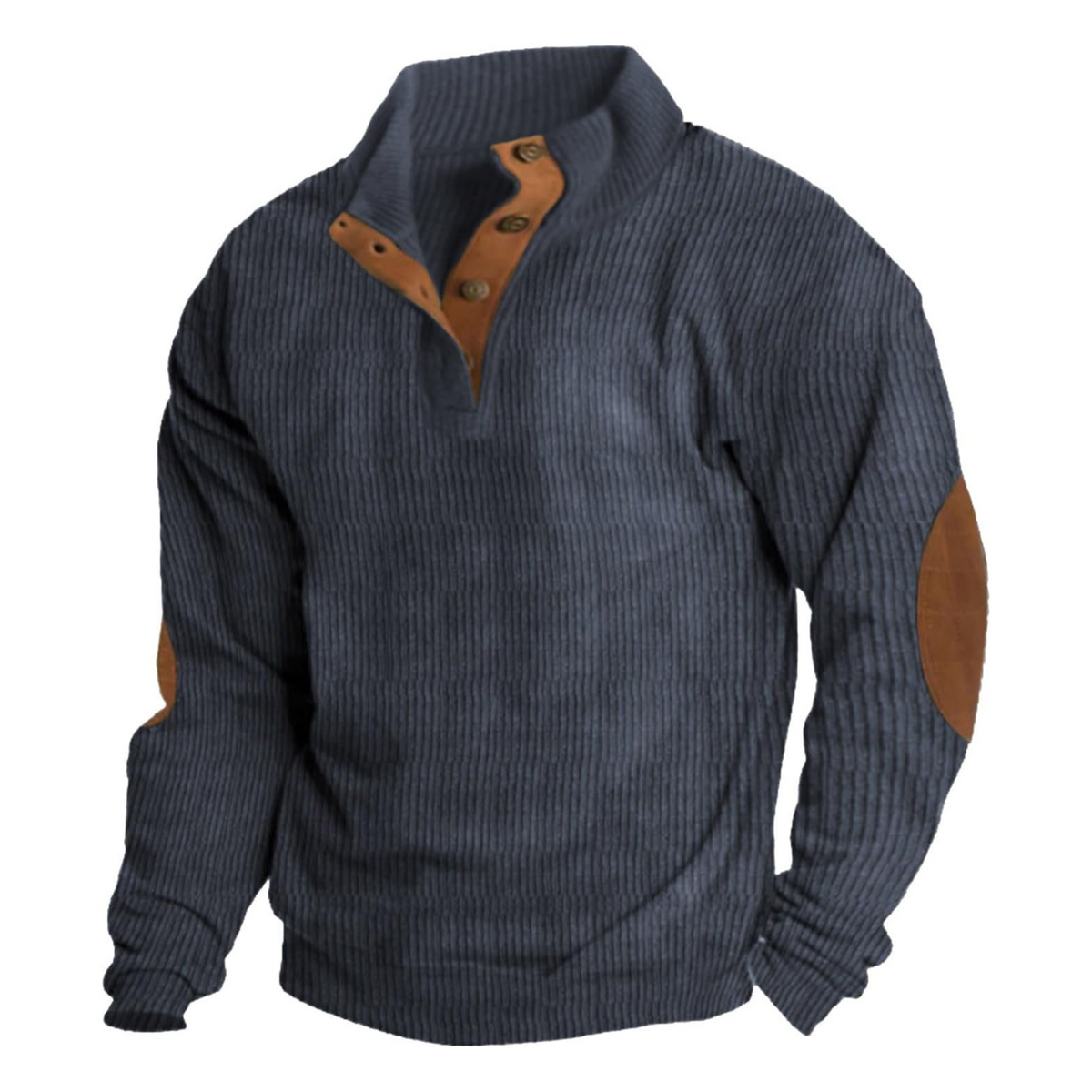 Men's ribbed quarter-button sweatshirt with mock neckline and elbow patches