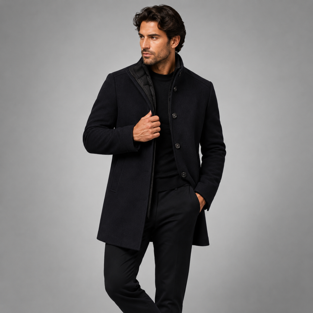 Men's long patterned overcoat with stand collar and button front