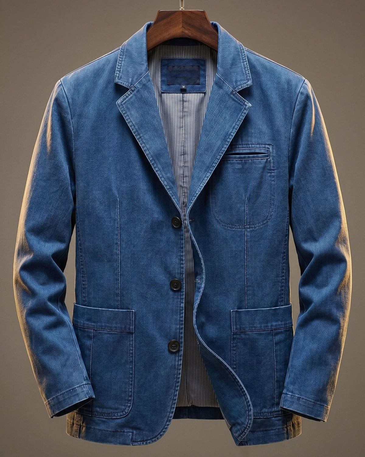 Washed blazer with notched lapels, button front, long sleeves and patch pockets