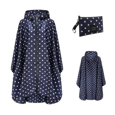 Patterned hooded rain poncho with zip front and matching pouch