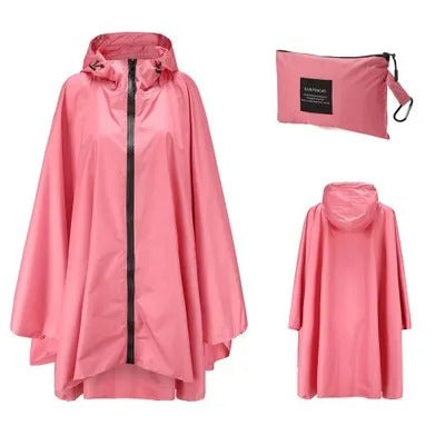 Patterned hooded rain poncho with zip front and matching pouch