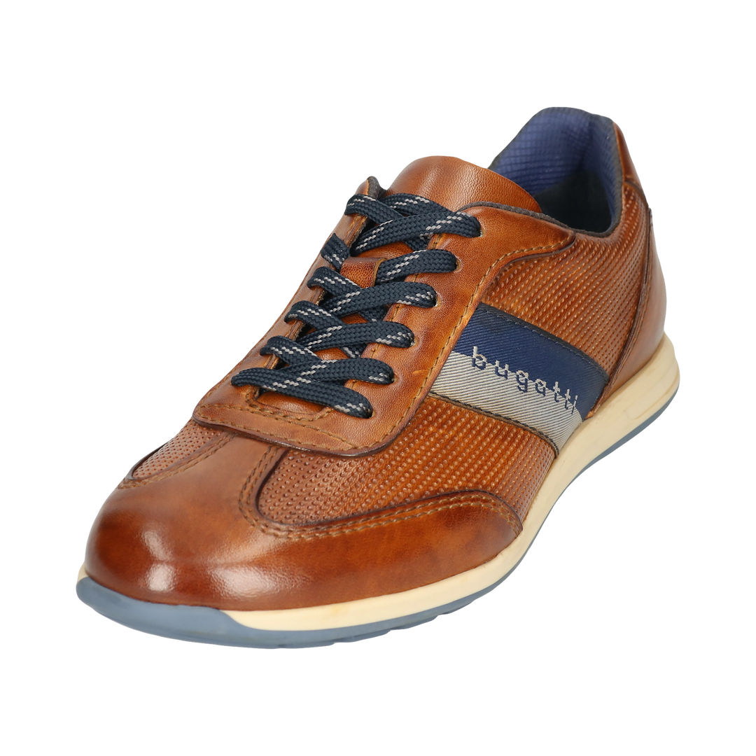 Men's brown lace-up trainers with navy side panel and cream sole