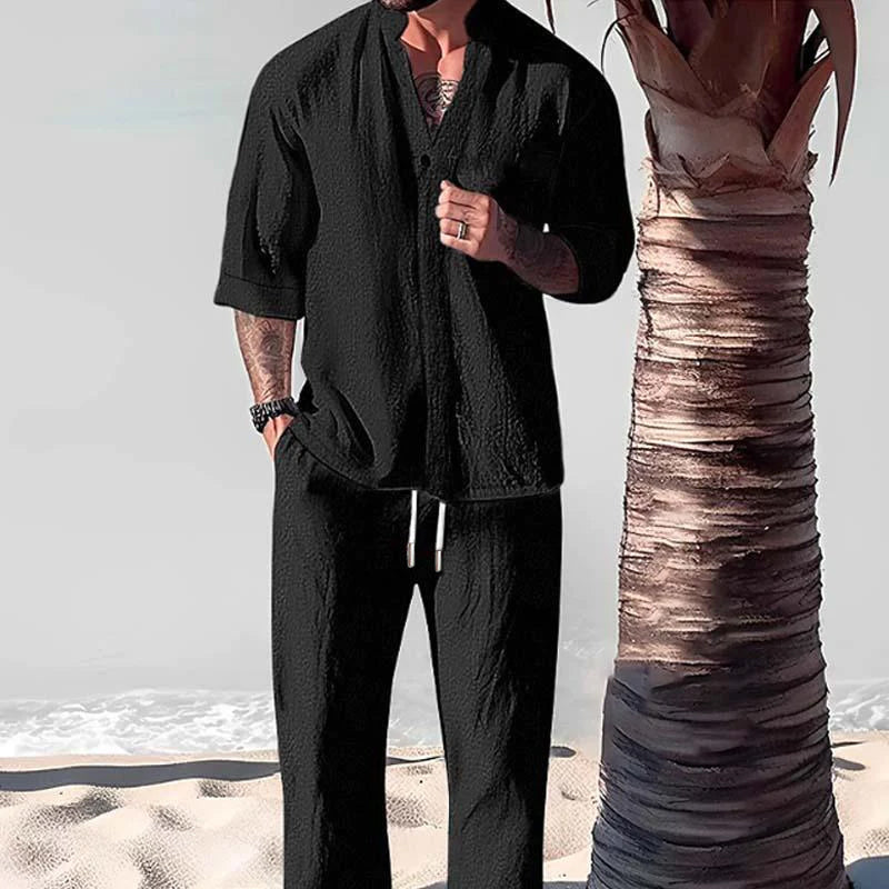 Men's Linen Loungewear Set, Short Sleeve T-Shirt and Trousers Casual Summer Co-ord