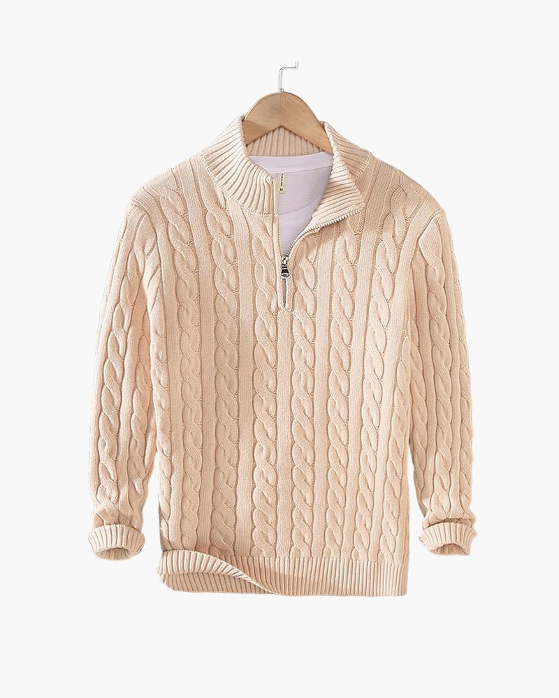 Men's cable knit quarter-zip sweaters in navy and gray