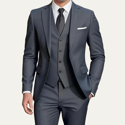 Men's three piece slim fit suit with blazer, buttoned waistcoat and tailored trousers