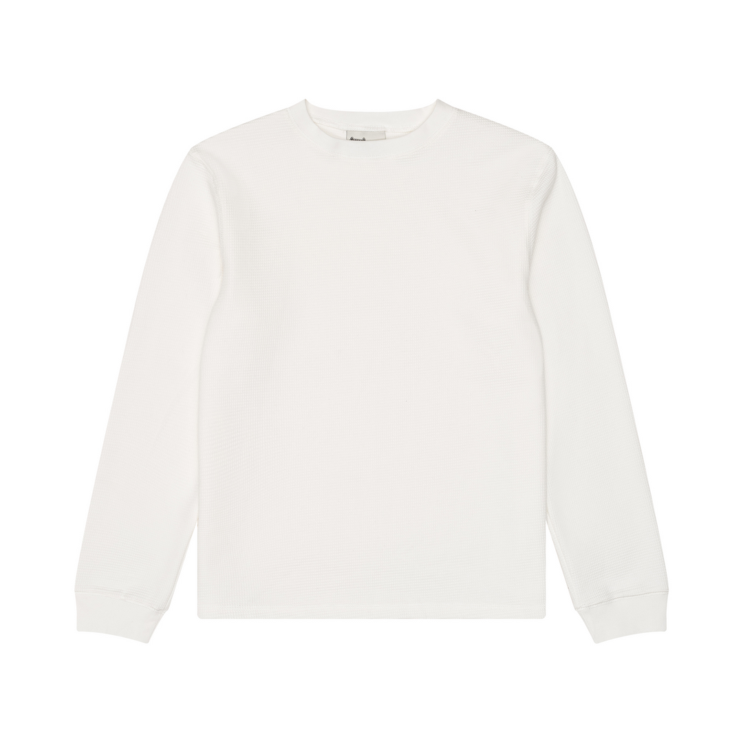 Men's white waffle-textured long sleeve crew-neck T-shirt