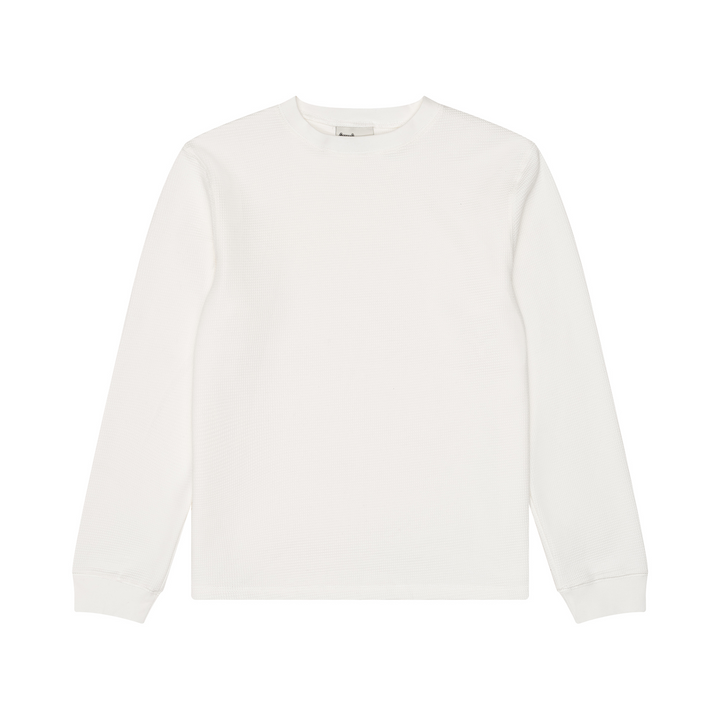 Men's white waffle-textured long sleeve crew-neck T-shirt