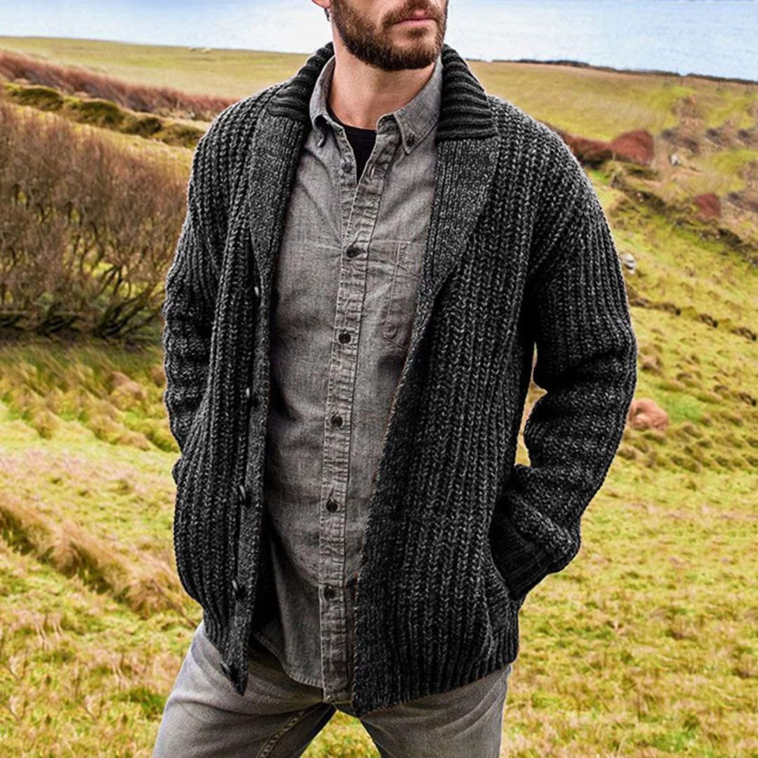 Men's textured shawl collar cardigan with button front and long sleeves