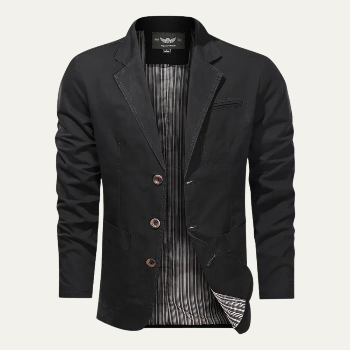 Men's blazer with notched lapels, long sleeves, button front and multiple pockets