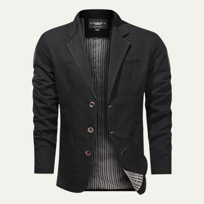 Men's blazer with notched lapels, long sleeves, button front and multiple pockets