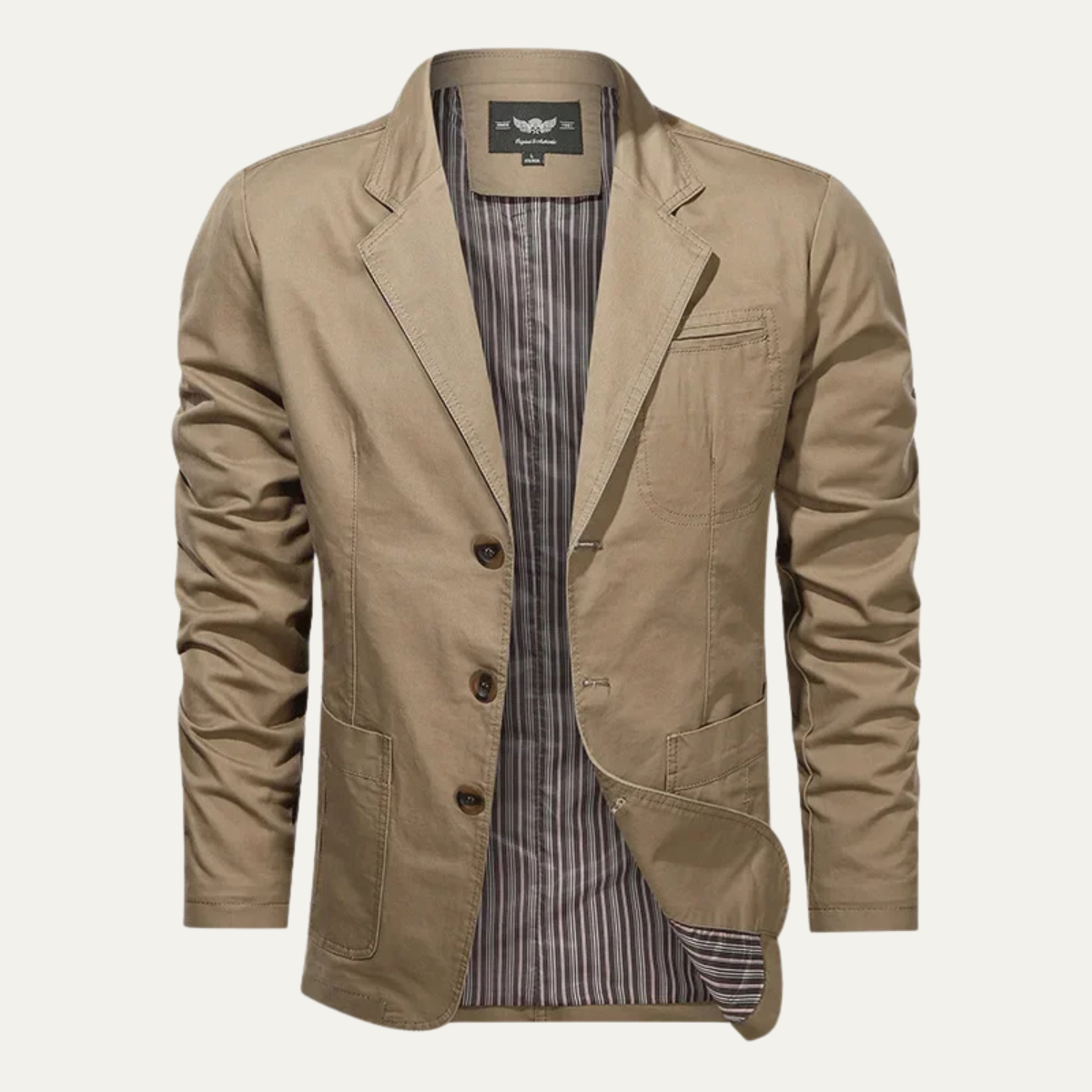 Men's blazer with notched lapels, long sleeves, button front and multiple pockets
