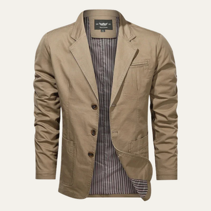 Men's blazer with notched lapels, long sleeves, button front and multiple pockets
