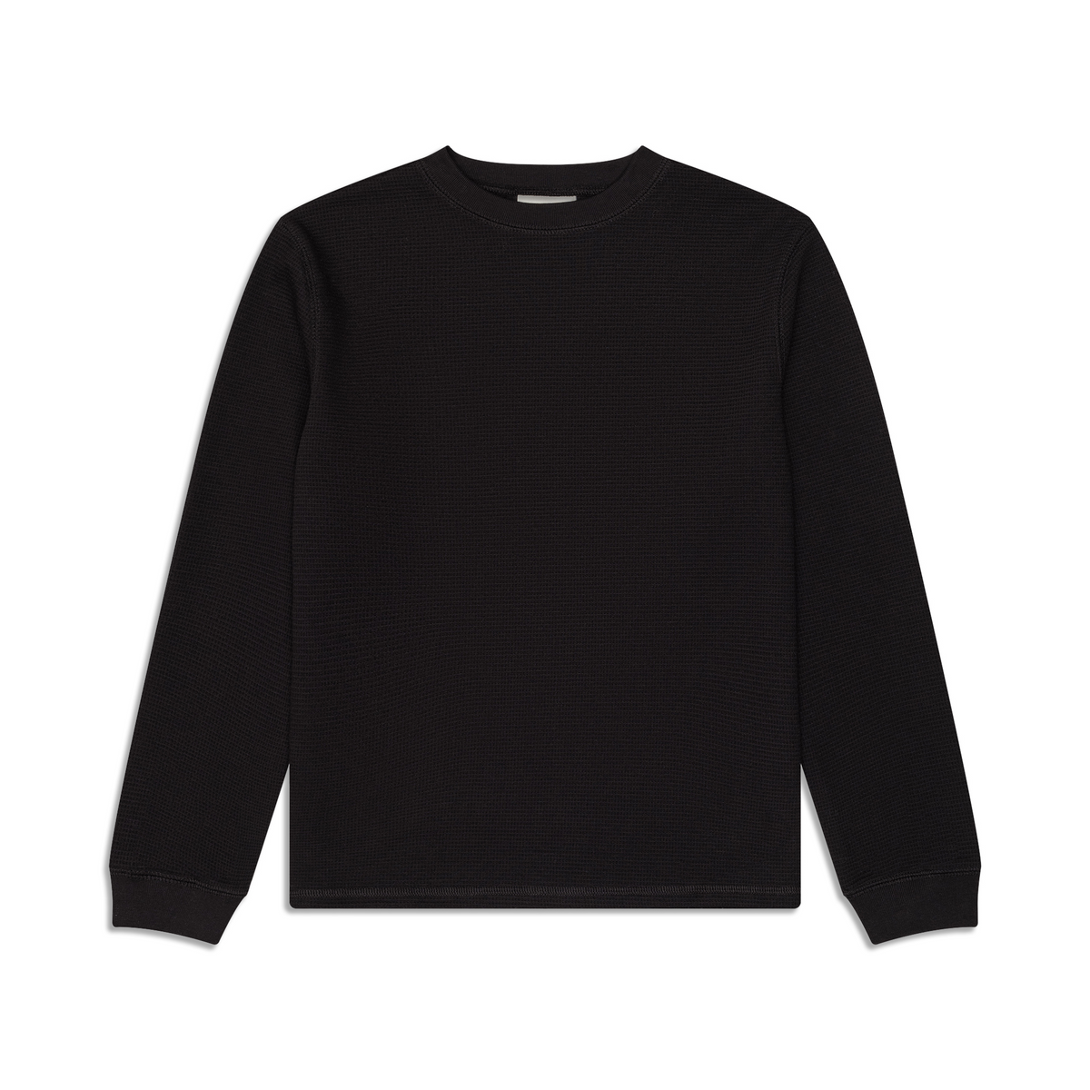 Men's black long-sleeve crew-neck top with textured finish and ribbed cuffs