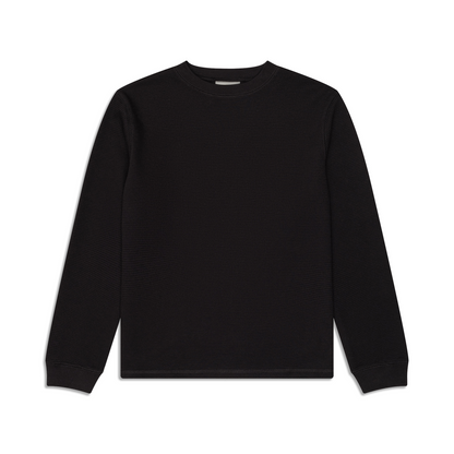 Men's black long-sleeve crew-neck top with textured finish and ribbed cuffs