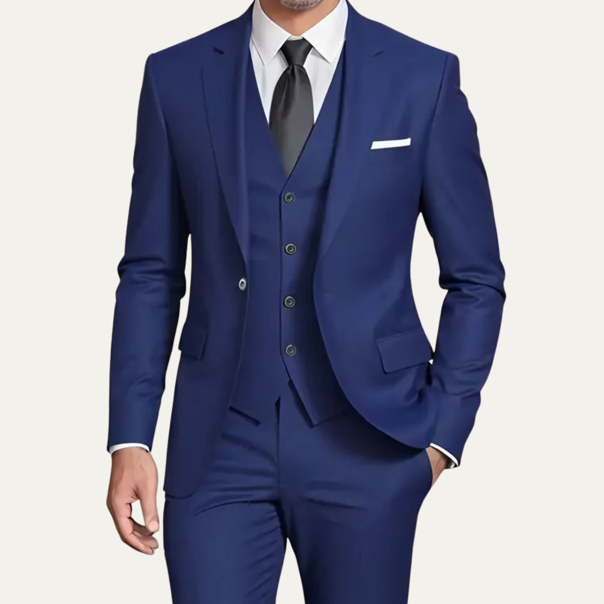 Men's three piece slim fit suit with blazer, buttoned waistcoat and tailored trousers