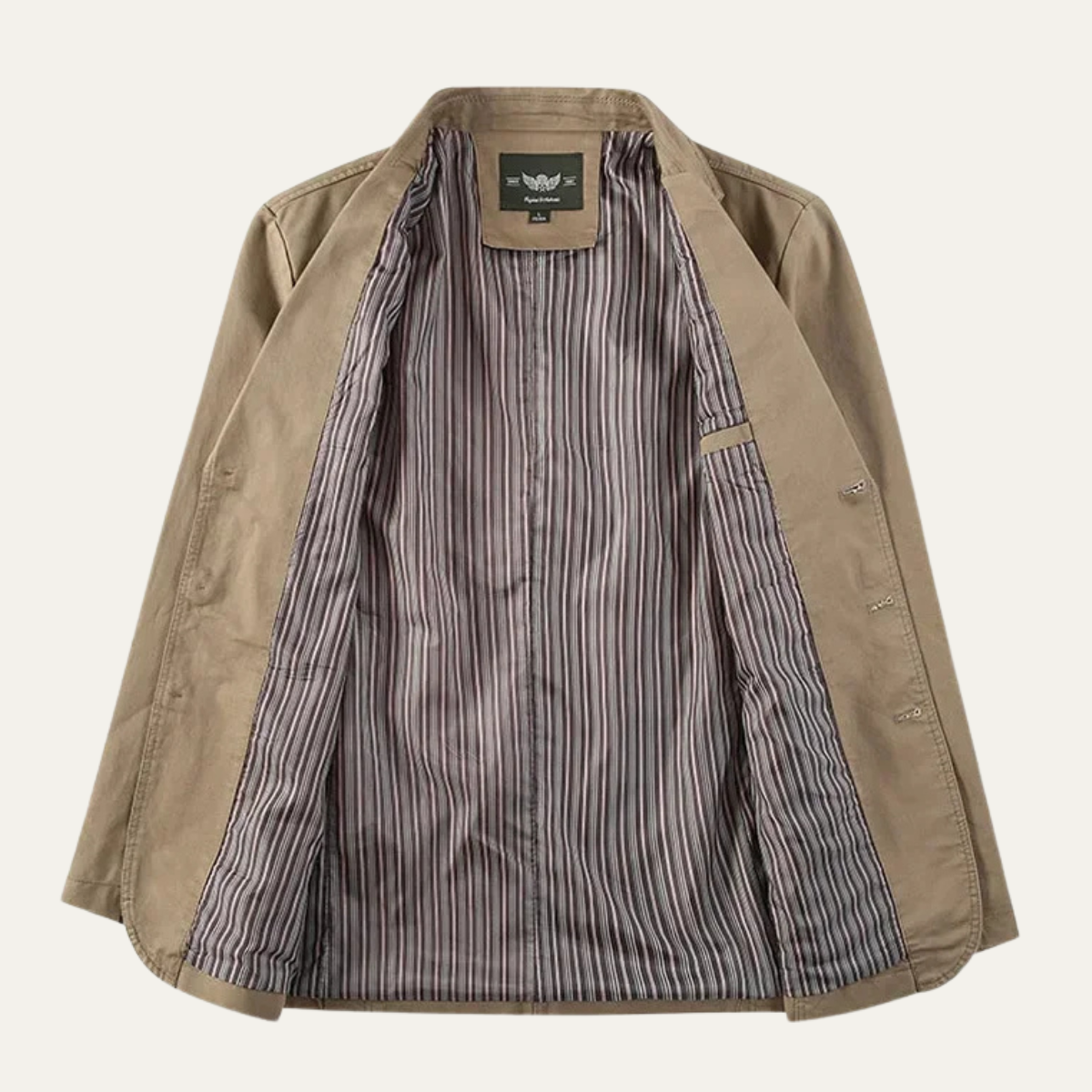 Men's blazer with notched lapels, long sleeves, button front and multiple pockets