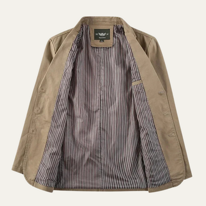 Men's blazer with notched lapels, long sleeves, button front and multiple pockets
